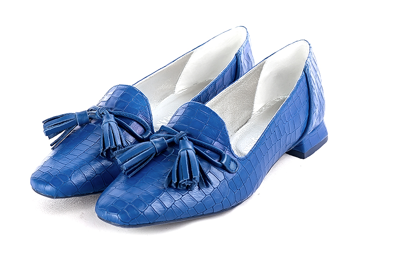 Electric blue women's loafers with pompons. Square toe. Flat flare heels - Florence KOOIJMAN