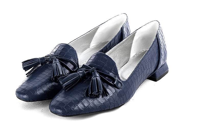 Navy blue women's loafers with pompons. Square toe. Flat flare heels - Florence KOOIJMAN