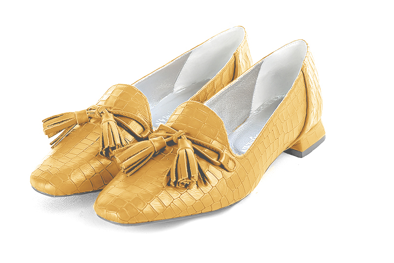 Mustard yellow women's loafers with pompons. Square toe. Flat flare heels - Florence KOOIJMAN