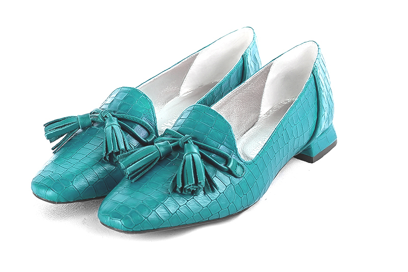 Turquoise blue women's loafers with pompons. Square toe. Flat flare heels - Florence KOOIJMAN