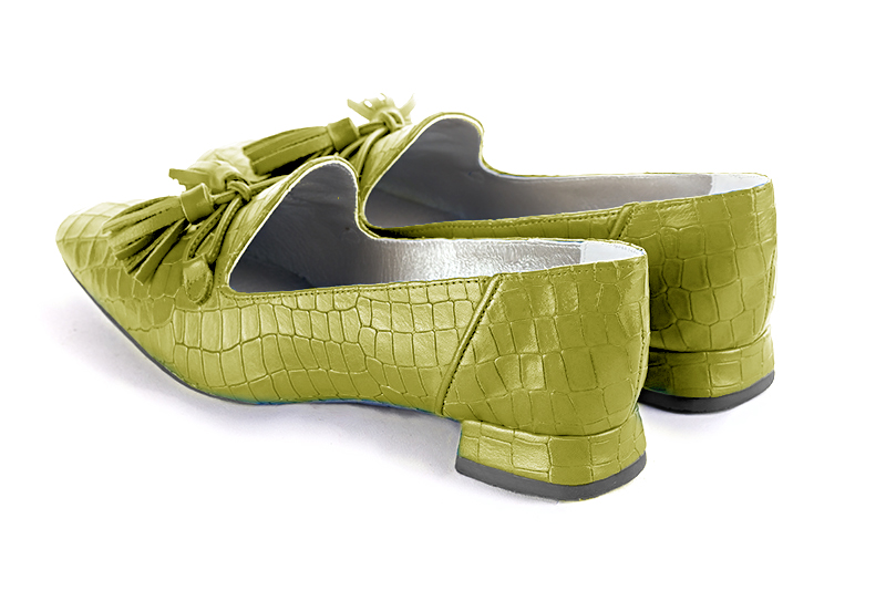 Pistachio green women's loafers with pompons. Square toe. Flat flare heels - Florence KOOIJMAN