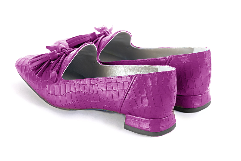 Mauve purple women's loafers with pompons. Square toe. Flat flare heels. Rear view - Florence KOOIJMAN
