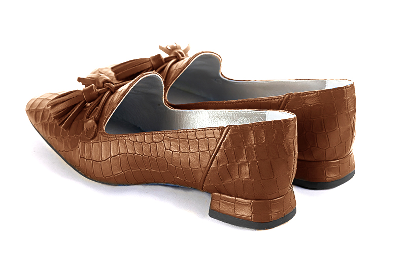 Caramel brown women's loafers with pompons. Square toe. Flat flare heels. Rear view - Florence KOOIJMAN