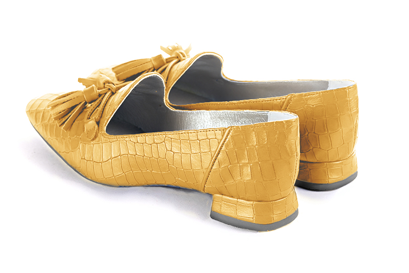Mustard yellow women's loafers with pompons. Square toe. Flat flare heels - Florence KOOIJMAN