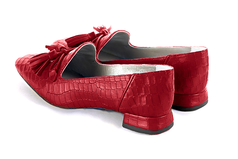 Cardinal red women's loafers with pompons. Square toe. Flat flare heels. Rear view - Florence KOOIJMAN