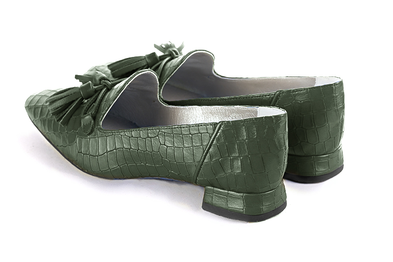 Forest green women's loafers with pompons. Square toe. Flat flare heels. Rear view - Florence KOOIJMAN