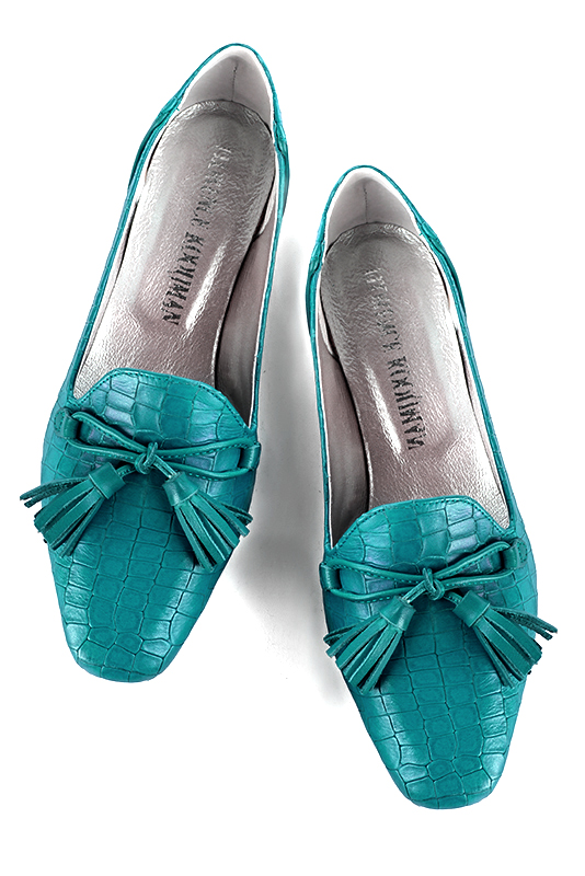 Turquoise blue women's loafers with pompons. Square toe. Flat flare heels. Top view - Florence KOOIJMAN