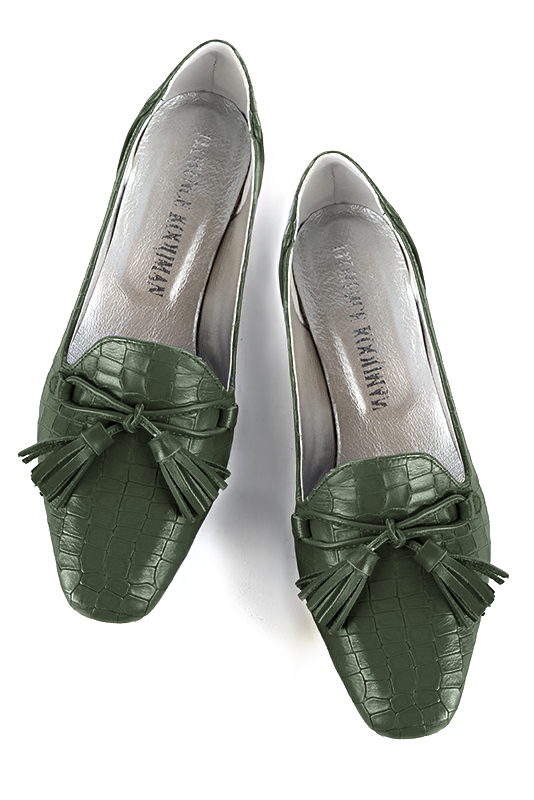Forest green women's loafers with pompons. Square toe. Flat flare heels. Top view - Florence KOOIJMAN