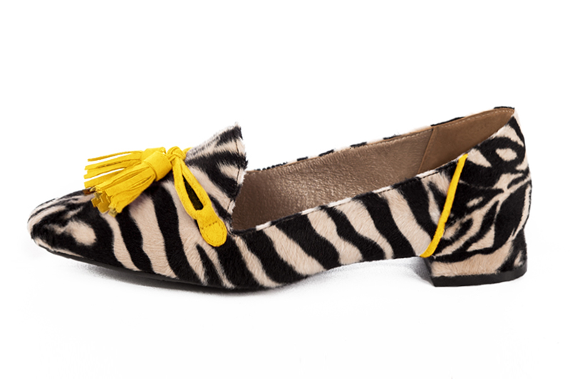 Safari black and yellow women's loafers with pompons. Square toe. Flat flare heels - Florence KOOIJMAN