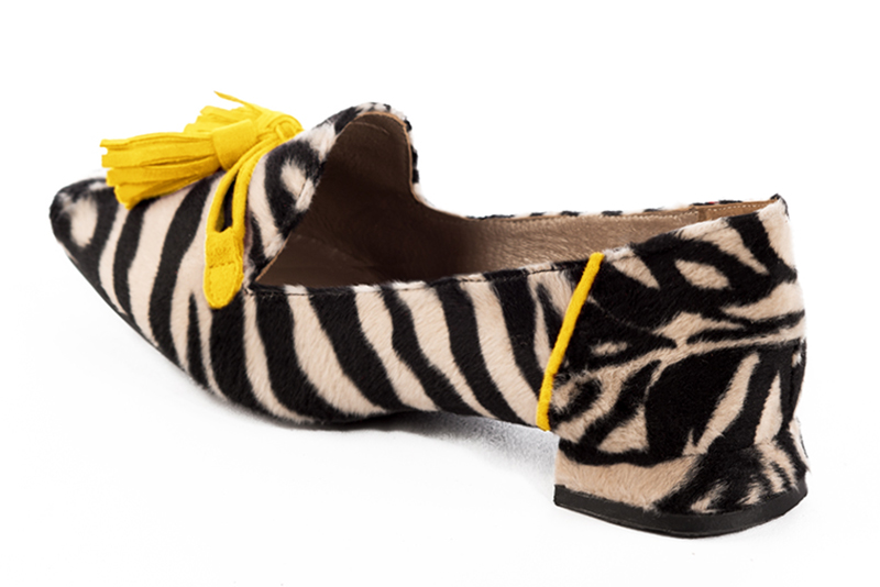 Safari black and yellow women's loafers with pompons. Square toe. Flat flare heels. Rear view - Florence KOOIJMAN