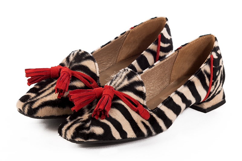 Safari black and scarlet red women's loafers with pompons. Square toe. Flat flare heels - Florence KOOIJMAN