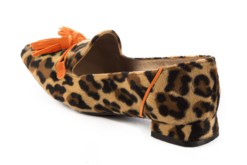 Safari black and clementine orange women's loafers with pompons. Square toe. Flat flare heels. Rear view - Florence KOOIJMAN
