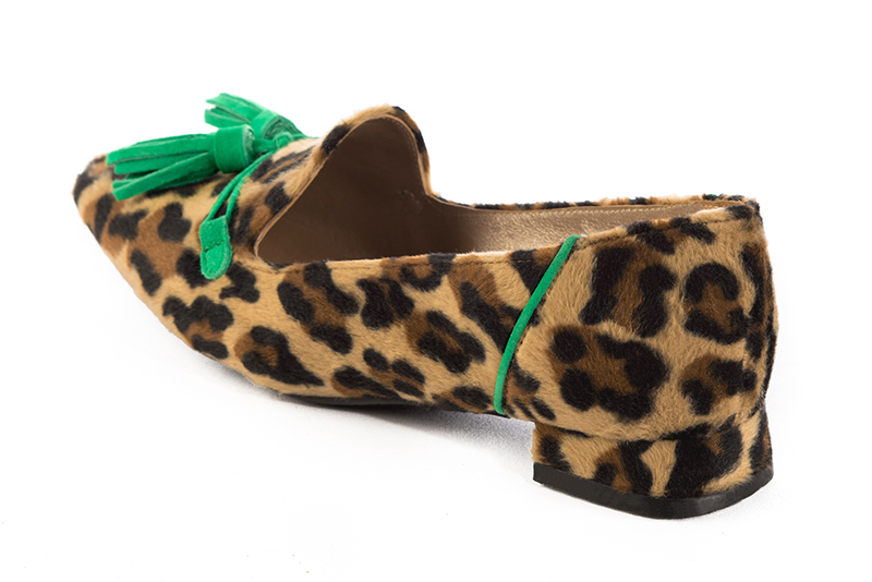 Safari black and emerald green women's loafers with pompons. Square toe. Flat flare heels. Rear view - Florence KOOIJMAN