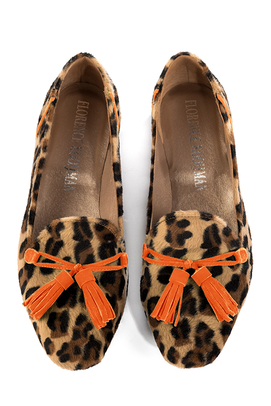Safari black and clementine orange women's loafers with pompons. Square toe. Flat flare heels. Top view - Florence KOOIJMAN