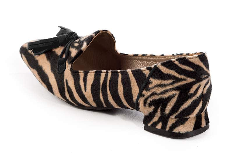 Safari black women's loafers with pompons. Square toe. Flat flare heels. Rear view - Florence KOOIJMAN