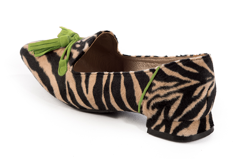 Safari black and grass green women's loafers with pompons. Square toe. Flat flare heels. Rear view - Florence KOOIJMAN