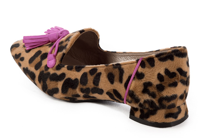Safari black and shocking pink women's loafers with pompons. Square toe. Flat flare heels. Rear view - Florence KOOIJMAN