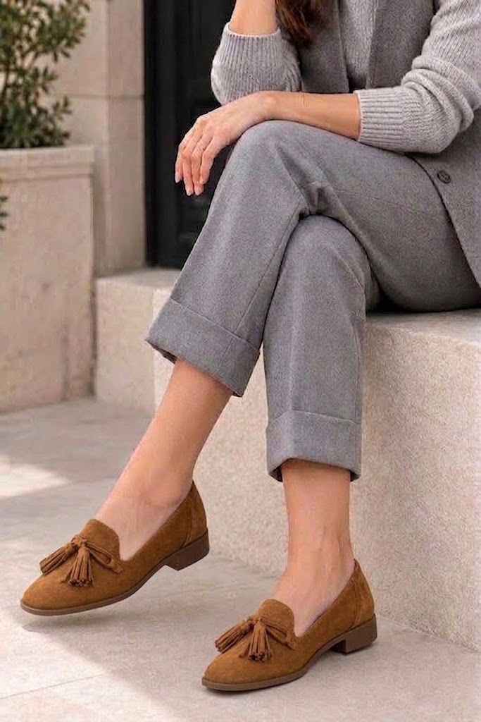Women's cognac lug-sole loafers with square toe and chunky rubber lug sole - Worn view
