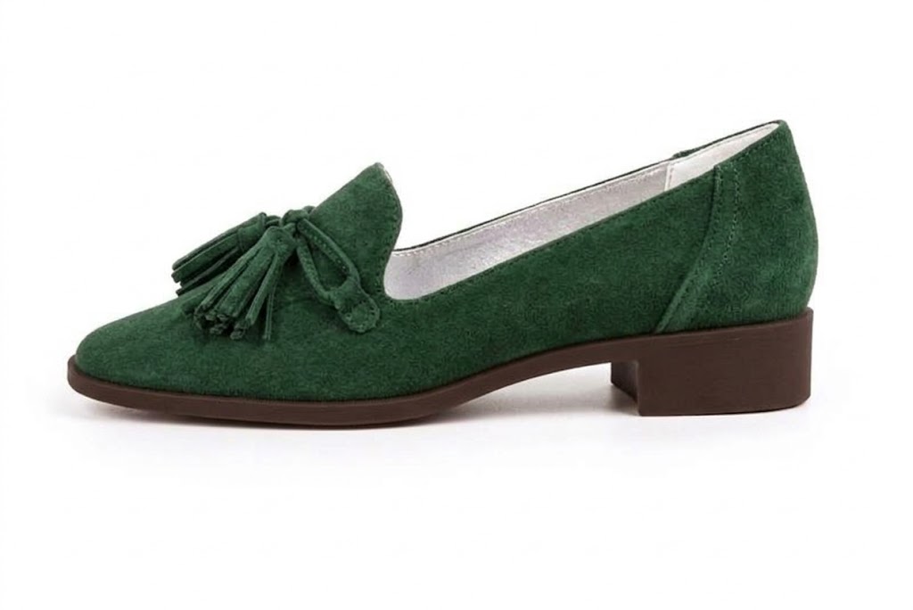Women's forest green lug-sole loafers with square toe and chunky rubber lug sole - Profile view