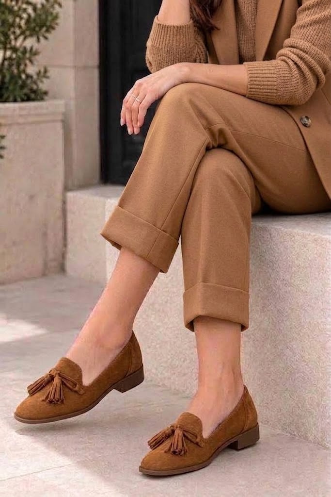 Women's cognac lug-sole loafers with square toe and chunky rubber lug sole - Top view