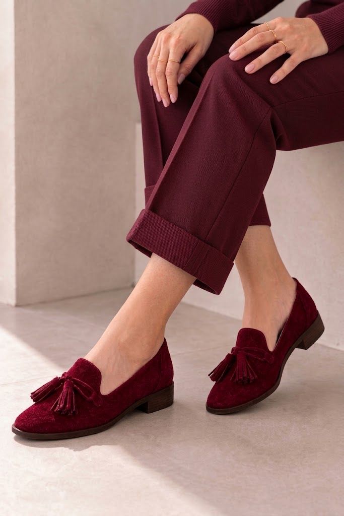 Women's burgundy lug-sole loafers with square toe and chunky rubber lug sole - Top view