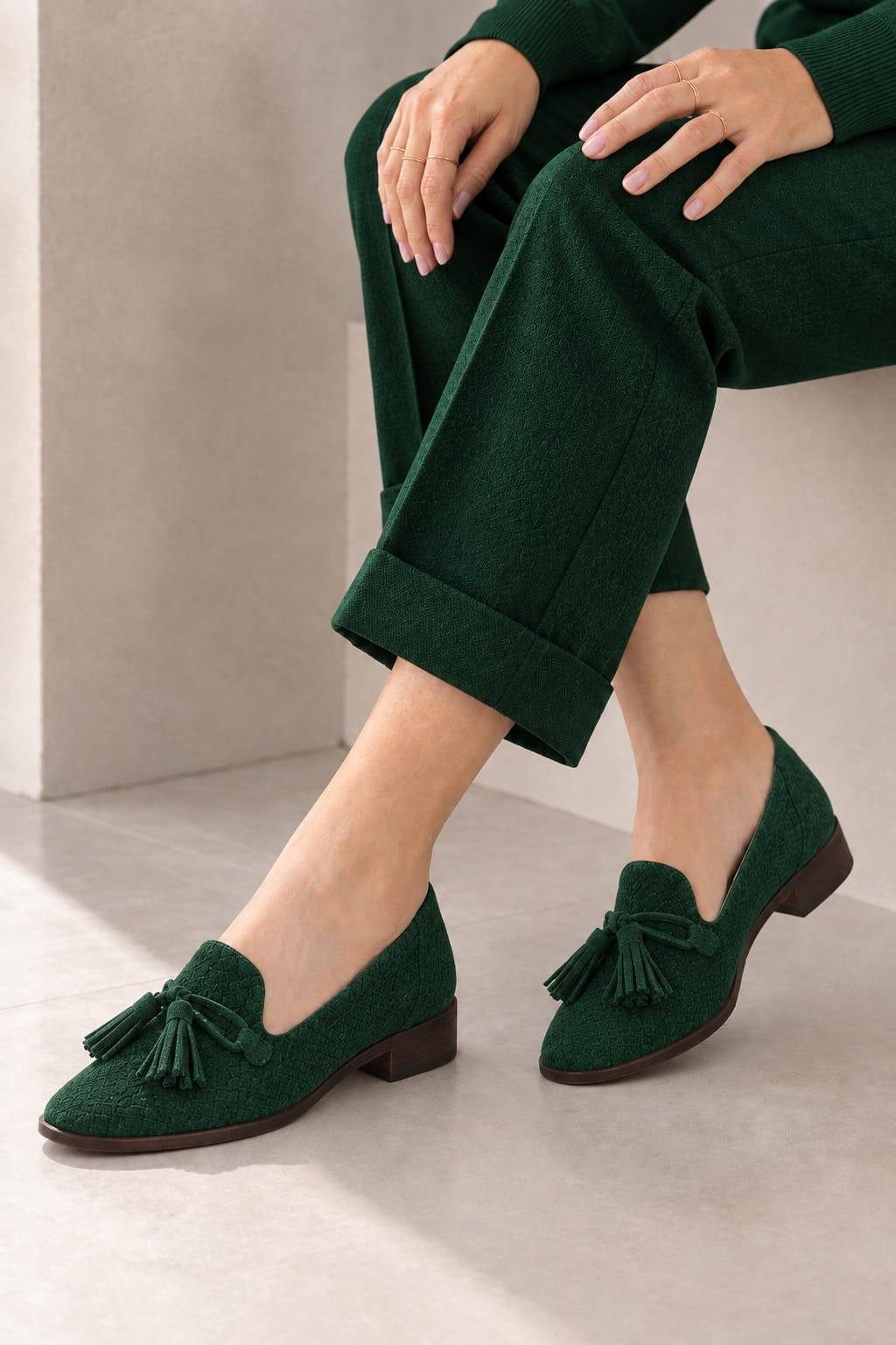 Women's forest green lug-sole loafers with square toe and chunky rubber lug sole - Top view