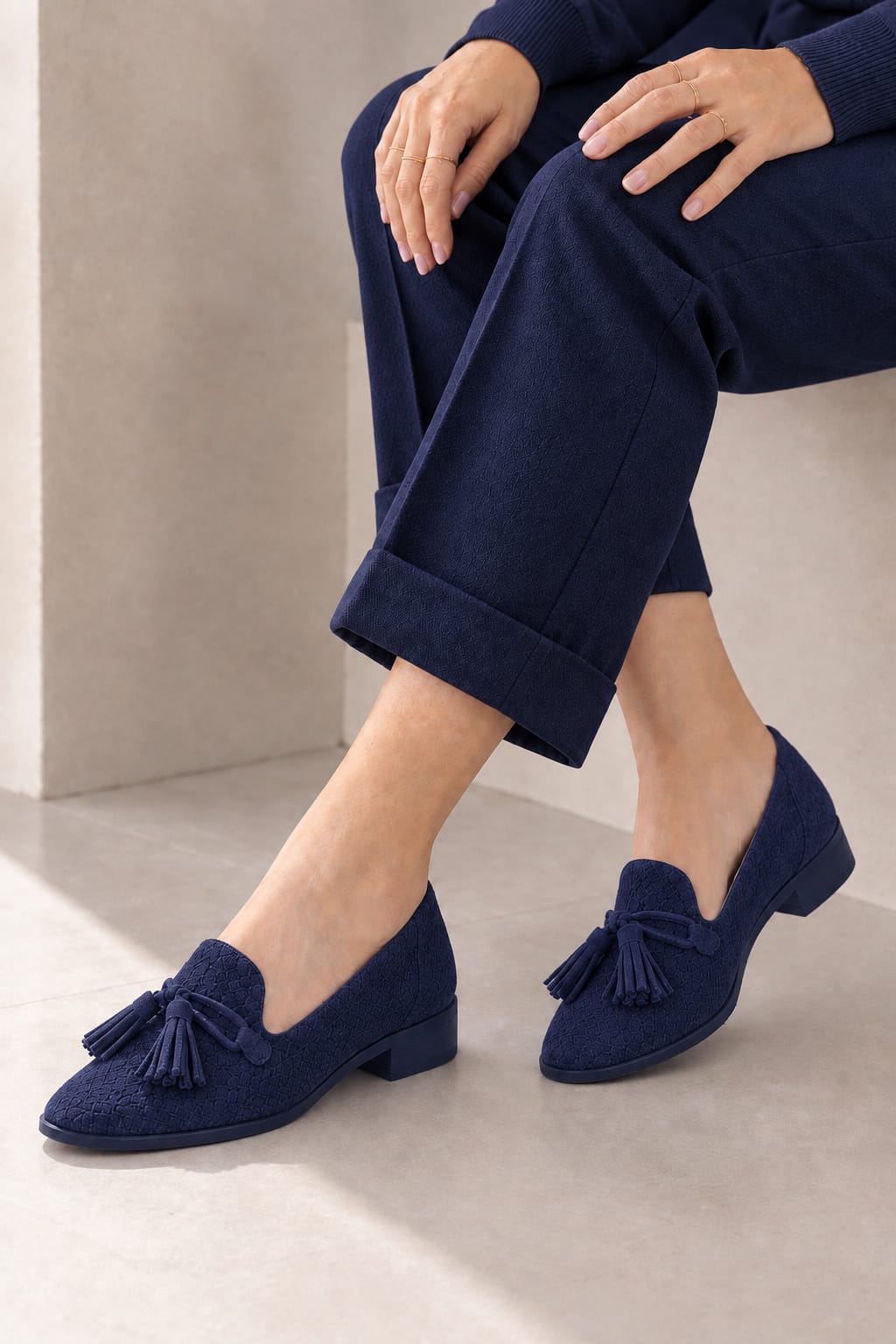 Women's navy blue lug-sole loafers with square toe and chunky rubber lug sole - Top view