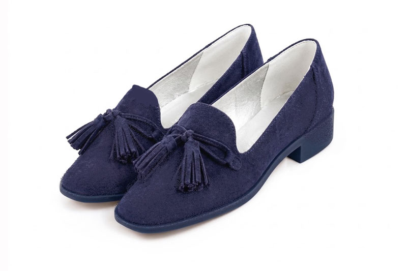 Step out in modern chunky loafers featuring durable lug soles, offering lightweight support, extra grip and bold everyday style, in navy blue leather with square toe and chunky rubber lug sole
