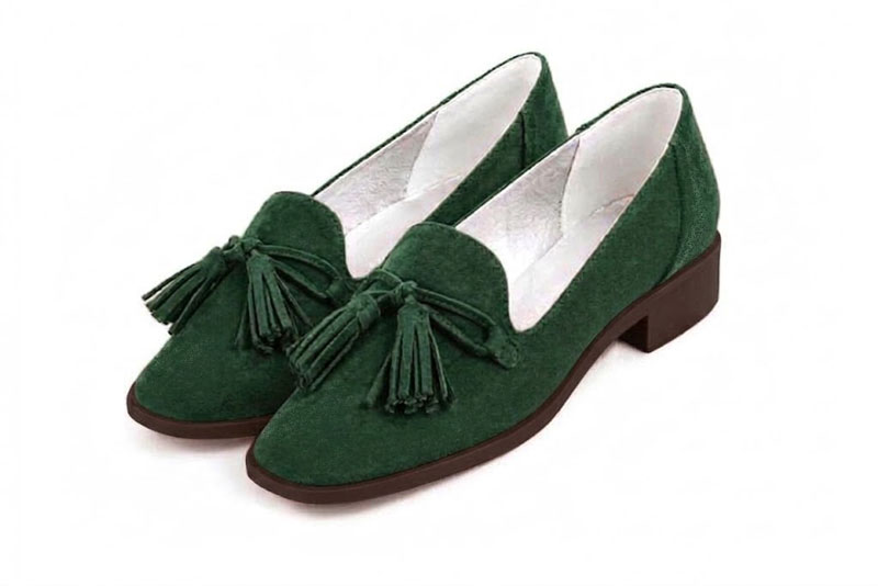 Women's forest green lug-sole loafers with square toe and chunky rubber lug sole - Front view