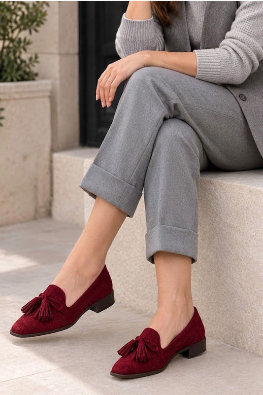 Women's burgundy lug-sole loafers with square toe and chunky rubber lug sole - Worn view