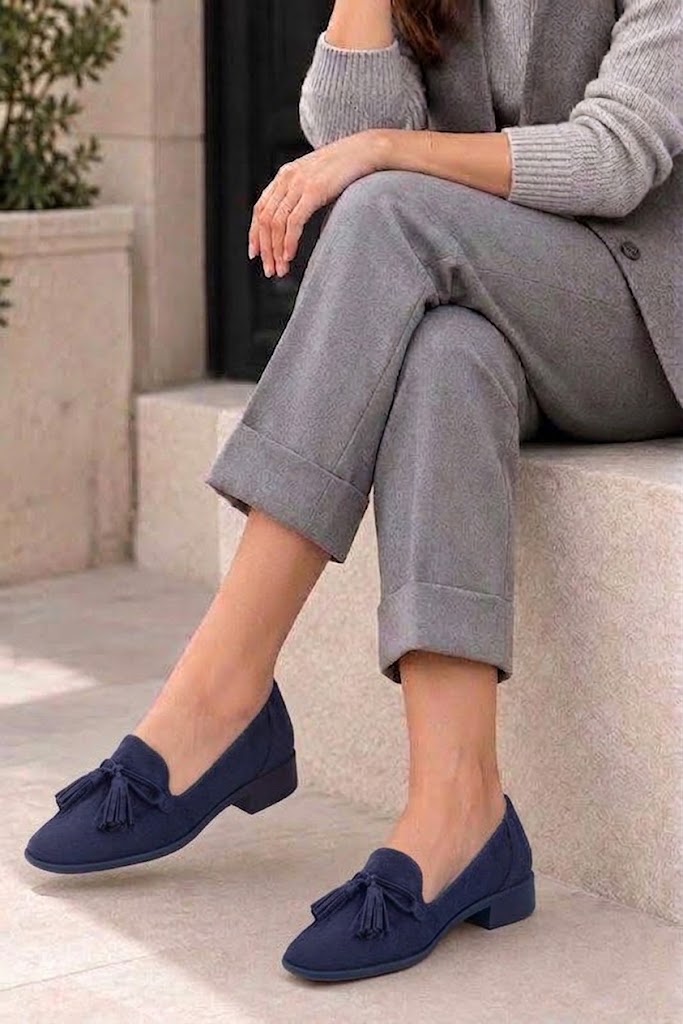 Women's navy blue lug-sole loafers with square toe and chunky rubber lug sole - Worn view