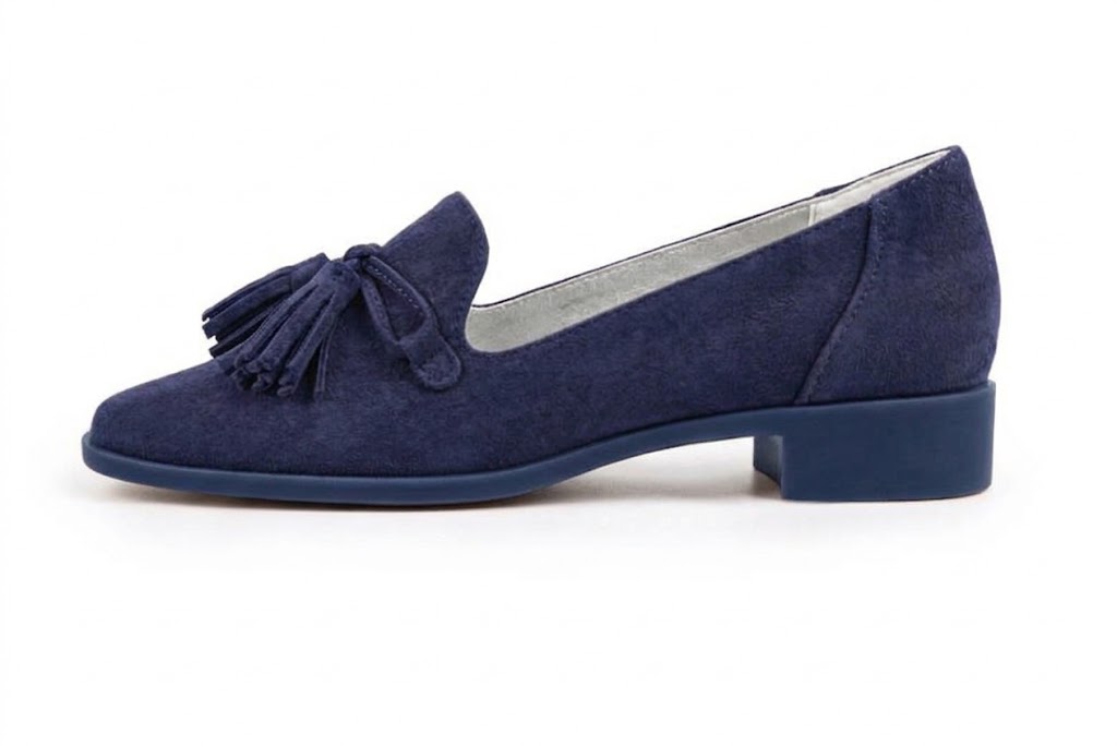 Women's navy blue lug-sole loafers with square toe and chunky rubber lug sole - Profile view