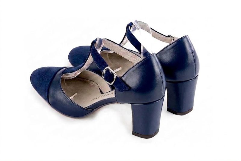 Dress heels closed-back T-strap in midnight blue and navy blue leather with medium block heels and round toe - Rear view
