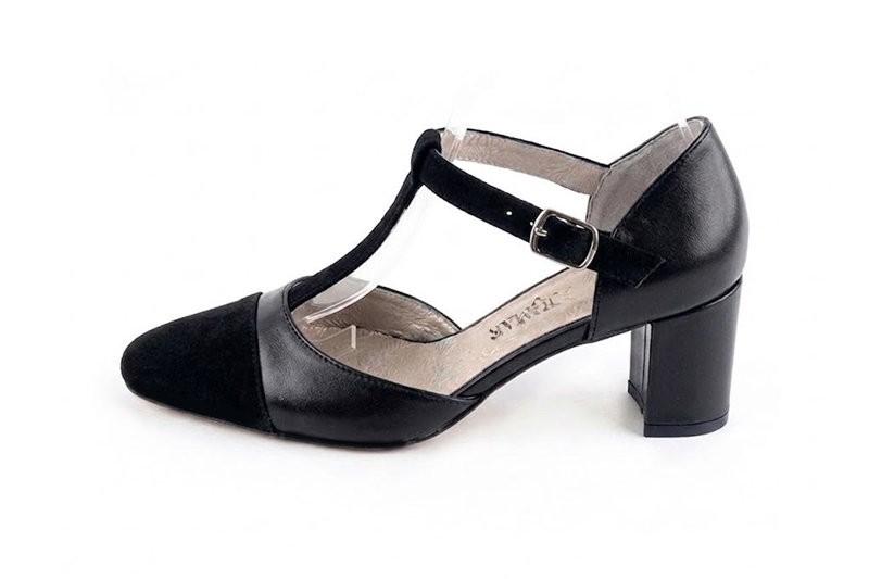 Handcrafted women's comfortable and elegant T-strap closed-back heels in premium matt black and satin black leather. Medium block heels. Round toe. Perfect for women's wedding guest heels, or elevated everyday style. 
                Choose from our luxurious collections of leather and fabric to perfectly match your heels to your outfits. - Florence KOOIJMAN