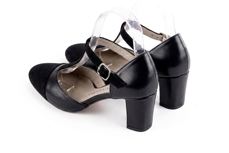 Dress heels closed-back T-strap in matt black and satin black leather with medium block heels and round toe - Rear view