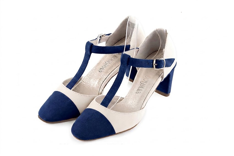 Dress heels closed-back T-strap in navy blue and off white leather with medium comma heels and round toe - Front view
