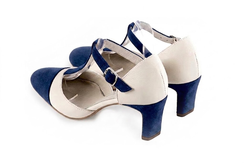 Dress heels closed-back T-strap in navy blue and off white leather with medium comma heels and round toe - Rear view