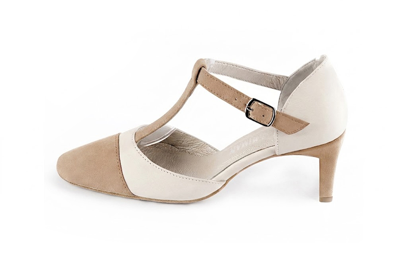 Handcrafted women's comfortable and elegant T-strap closed-back heels in premium biscuit beige and off white leather. Medium comma heels. Round toe. Perfect for women's wedding guest heels, or elevated everyday style. 
                Choose from our luxurious collections of leather and fabric to perfectly match your heels to your outfits. - Florence KOOIJMAN