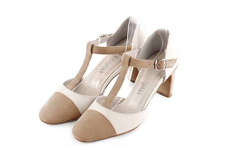 Dress heels closed-back T-strap in biscuit beige and off white leather with medium comma heels and round toe - Front view