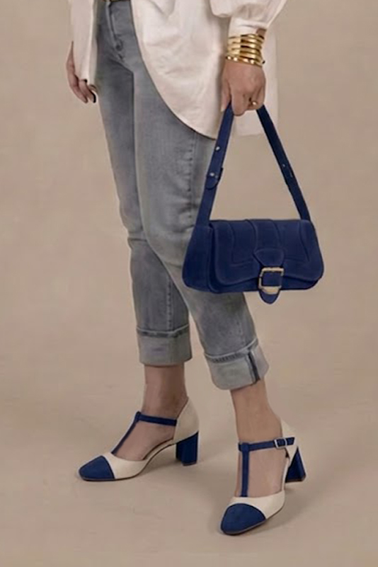 Dress heels closed-back T-strap in navy blue and off white leather with medium comma heels and round toe - Top view