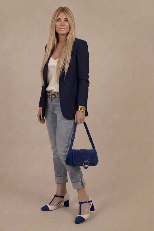 Dress heels closed-back T-strap in navy blue and off white leather with medium comma heels and round toe - Worn view