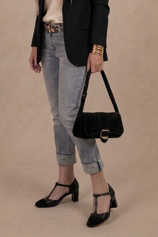 Dress heels closed-back T-strap in matt black and satin black leather with medium block heels and round toe - Top view