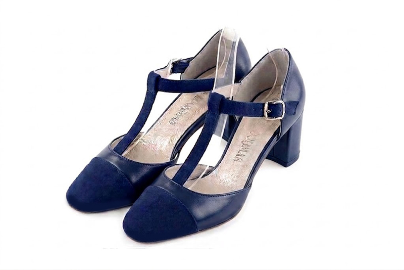 Dress heels closed-back T-strap in midnight blue and navy blue leather with medium block heels and round toe - Front view