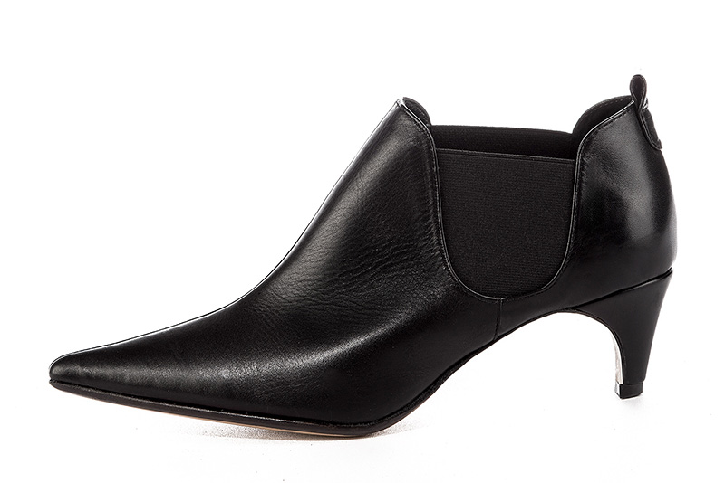 Women's satin black and matt black elegant Chelsea ankle boots, with side elastics. Pointed toe. Medium slim heel - Profile view