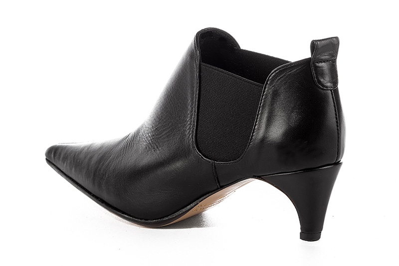 Women's satin black and matt black elegant Chelsea ankle boots, with side elastics. Pointed toe. Medium slim heel - Rear view