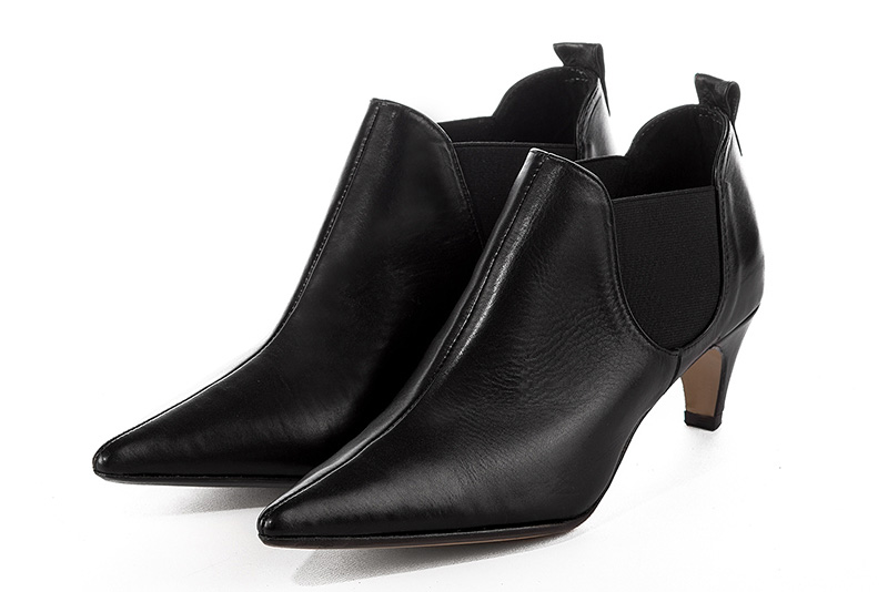 Women's satin black and matt black elegant Chelsea ankle boots, with side elastics. Pointed toe. Medium slim heel - Front view