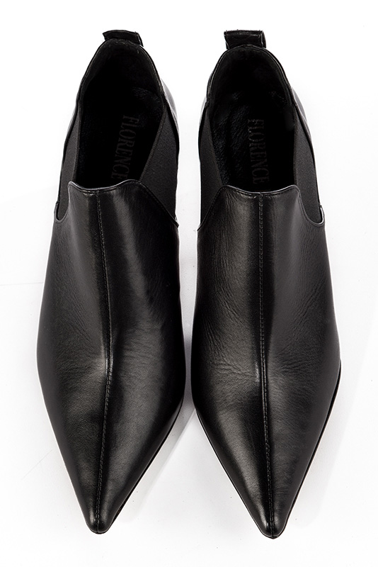 Women's satin black and matt black elegant Chelsea ankle boots, with side elastics. Pointed toe. Medium slim heel - Top view