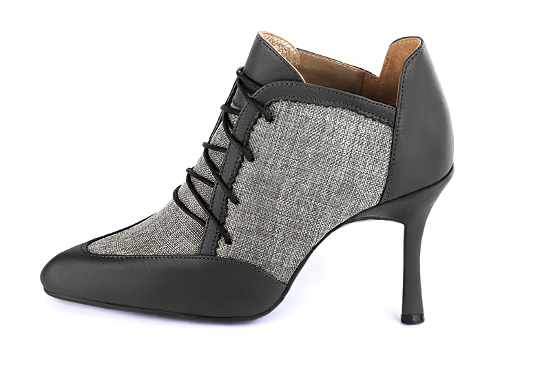 Dark grey women's fashion lace-up shoes. Pointed toe. Very high slim heel. Profile view - Florence KOOIJMAN