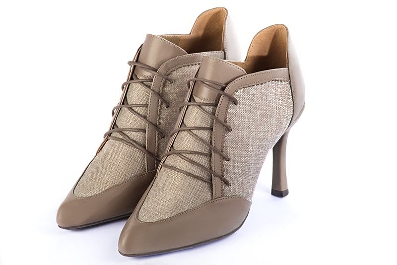 Bronze beige fashion lace-up shoes. Pointed toe. High slim heel. Elegant and refined lace-up shoes - Florence KOOIJMAN