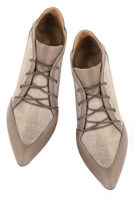 Bronze beige women's fashion lace-up shoes. Pointed toe. Very high slim heel. Top view - Florence KOOIJMAN